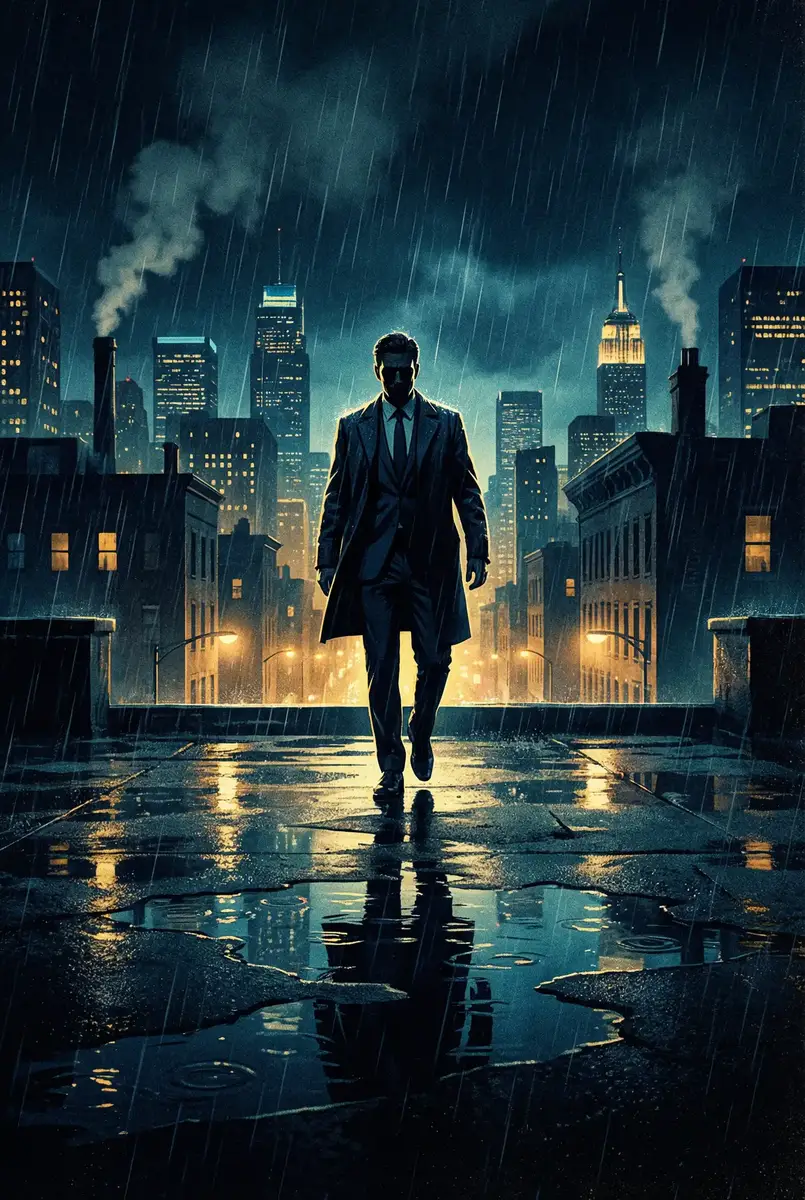 妖女迷行第一季 出品影片《雨夜独行者》海报，雨中城市屋顶男性剪影